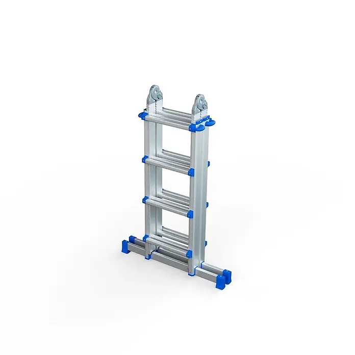 Werner Mehrzweckleiter Teleskop Mehrzweckleiter 4x4 Sprossen - Anzahl Tritte: 4 Stk., Arbeitshöhe: 4.820 m, Aluminium - Silberne Aluminium-Mehrzweckleiter mit blauen Akzenten, kompakt zusammengeklappt.