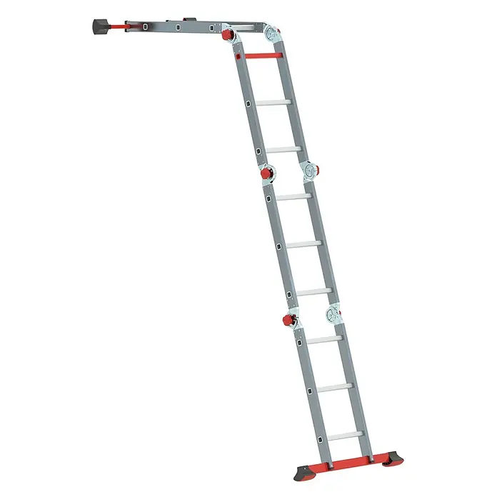 Altrex Mehrzweckleiter Varitrex Pro Vielzweckleiter 4x3 Sprossen - Arbeitshöhe: 4.300 m - Vielseitige graue Gelenkleiter mit roten Gelenken und breiten Standfüßen, L-förmig ausgefahren.