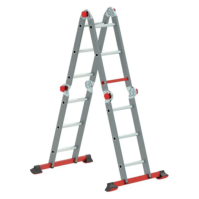 Altrex Mehrzweckleiter Varitrex Pro Vielzweckleiter 4x3 Sprossen - Arbeitshöhe: 4.300 m - Graue Aluminium-Mehrzweckleiter mit roten Scharnieren und rutschfesten Füßen.
