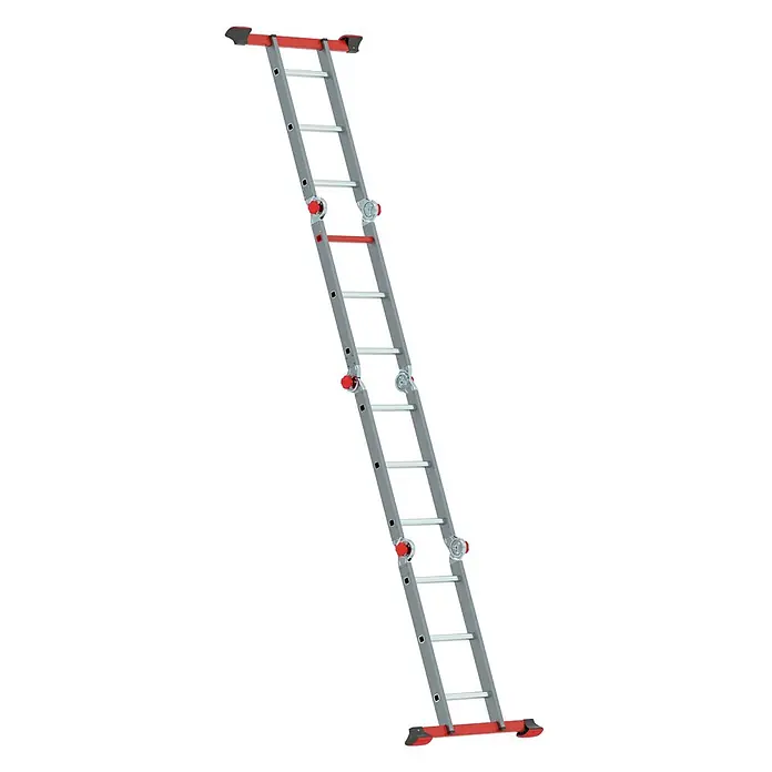 Altrex Mehrzweckleiter Varitrex Pro Vielzweckleiter 4x3 Sprossen - Arbeitshöhe: 4.300 m - Graue Gelenk-Mehrzweckleiter mit roten Stabilisatorstangen und Scharnieren.