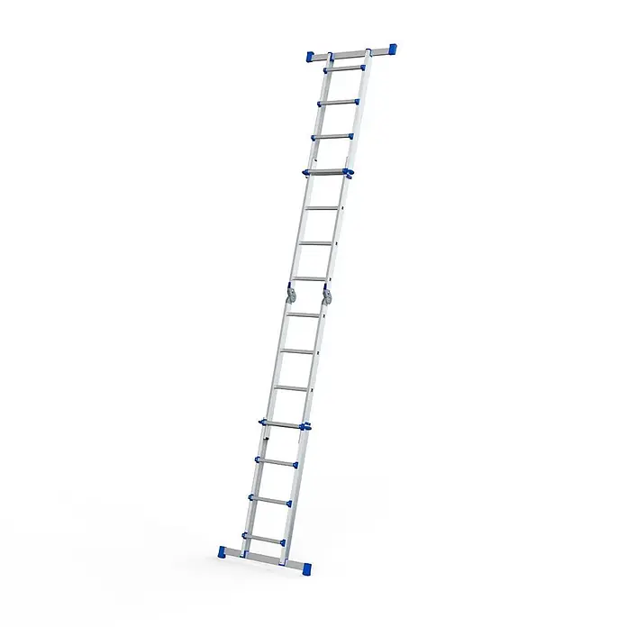 Werner Mehrzweckleiter Teleskop Mehrzweckleiter 4x4 Sprossen - Anzahl Tritte: 4 Stk., Arbeitshöhe: 4.820 m, Aluminium - Silberne Aluminium-Ausziehleiter mit blauen Akzenten und Rollen zur einfachen Anpassung.