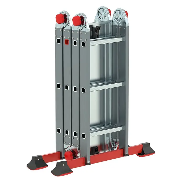 Altrex Mehrzweckleiter Varitrex Pro Vielzweckleiter 4x3 Sprossen - Arbeitshöhe: 4.300 m - Kompakte Mehrzweckleiter aus grauem Aluminium mit roten Einstellknöpfen und Standfüßen.