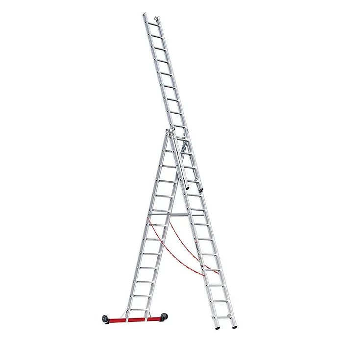Euroline Mehrzweckleiter Premium 30778 Mehrzweckleiter 3-teilig 3x13 Sprossen - Anzahl Tritte: 13 Stk., Arbeitshöhe: 10.050 m, Aluminium - Mehrzweck-Ausziehleiter aus silbernem Aluminium im A-Rahmen-Aufbau mit Verlängerung. Mit roter Stabilisierungsstange, Sicherheitsgurten und Rädern.