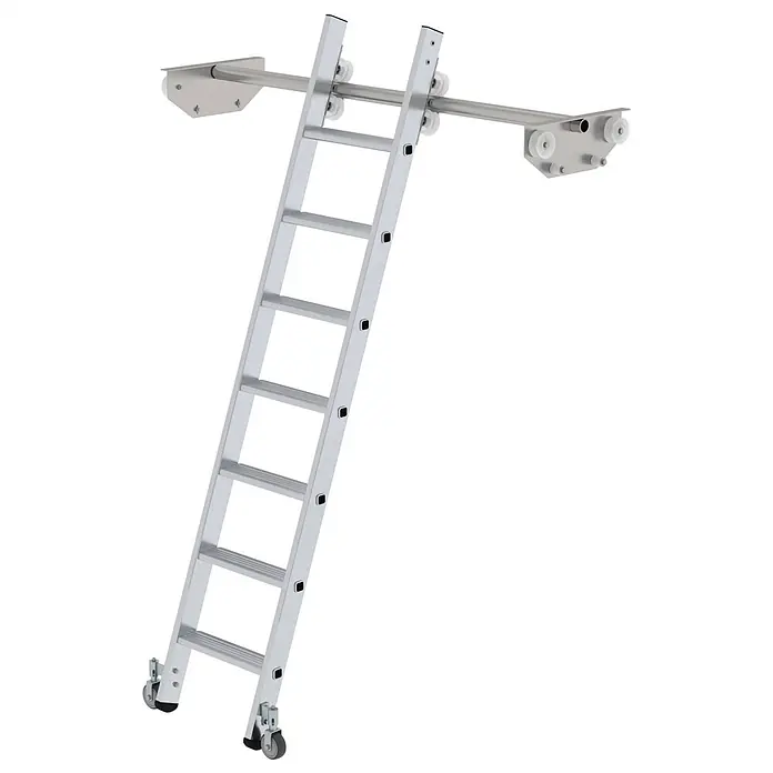 Munk Mehrzweckleiter Aluminium-Regalleiter für Doppelregal 7 Stufen - Anzahl Tritte: 7 Stk., Arbeitshöhe: 2.880 m, Aluminium - Aluminium-Rollleiter mit Schienensystem und Rädern für einfache Bewegung.