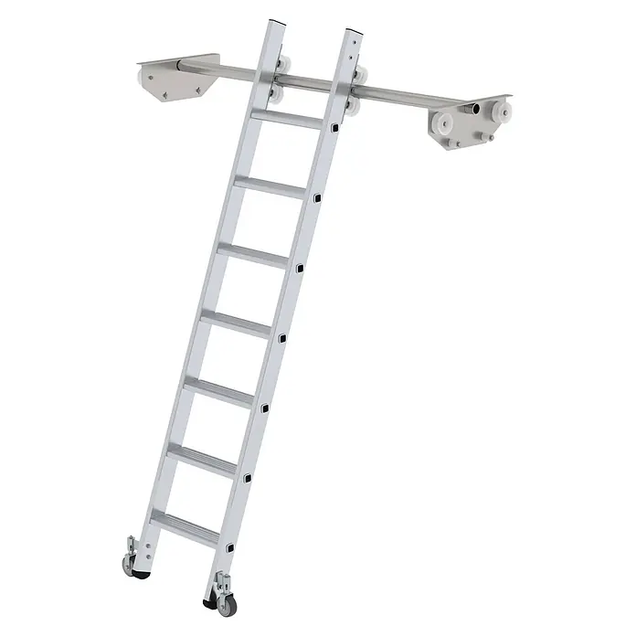 Munk Mehrzweckleiter Aluminium-Regalleiter für Doppelregal 7 Stufen - Anzahl Tritte: 7 Stk., Arbeitshöhe: 2.880 m, Aluminium - Silberne Aluminium-Rollleiter mit oberem Schienensystem und unteren Rollen.