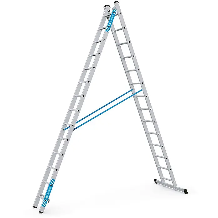 Zarges Mehrzweckleiter Kombileiter Combimaster Plus X 2x14 Sprossen - Anzahl Tritte: 14 Stk., Arbeitshöhe: 7.900 m, Aluminium - Silberne Aluminium-Doppelstehleiter mit blauen Sicherheitsgurten.