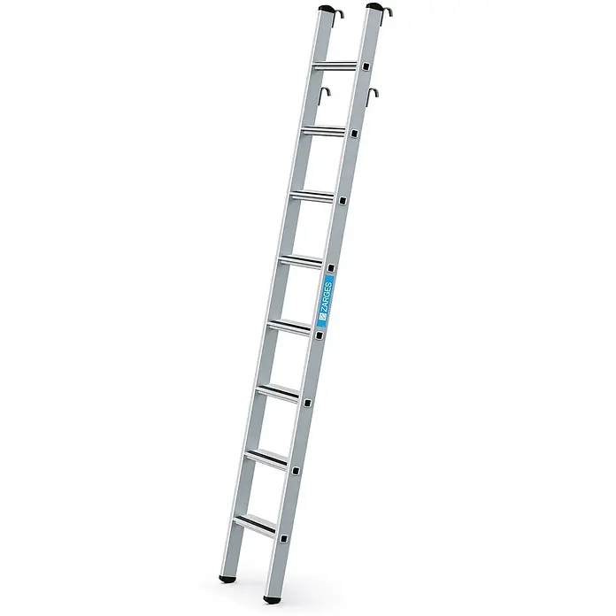 Zarges Mehrzweckleiter Regaleinhängeleiter Saferstep LH mit 8 Stufen - Anzahl Tritte: 8 Stk., Arbeitshöhe: 3.380 m, Aluminium - Silberne Aluminium-Anlegeleiter mit schwarzen Sprossen und Dachaushängehaken.