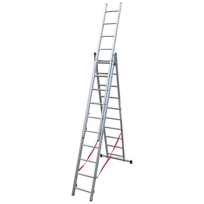 Facal Mehrzweckleiter Mehrzweckleiter STILO S100 3x10 Sprossen - Anzahl Tritte: 10 Stk., Arbeitshöhe: 7.120 m, Aluminium - Silberne Aluminium-Mehrzweckleiter in A-Form mit ausgefahrenem Teil und roten Sicherheitsgurten.