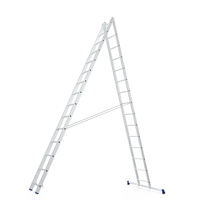 Werner Mehrzweckleiter Mehrzweckleiter 2x15 Sprossen - Anzahl Tritte: 15 Stk., Arbeitshöhe: 8.170 m, Aluminium - Silberne Aluminium-Mehrzweckleiter in A-Form mit blauen Anti-Rutsch-Füßen und Sicherungsseilen.