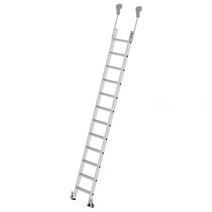 Munk Mehrzweckleiter Aluminium-Regalleiter fahrbar 12 Stufen - Anzahl Tritte: 12 Stk., Arbeitshöhe: 4.300 m, Aluminium - Silberne Aluminiumleiter mit oberen Stützen und unteren Rollen für einfache Bewegung und sicheren Halt.