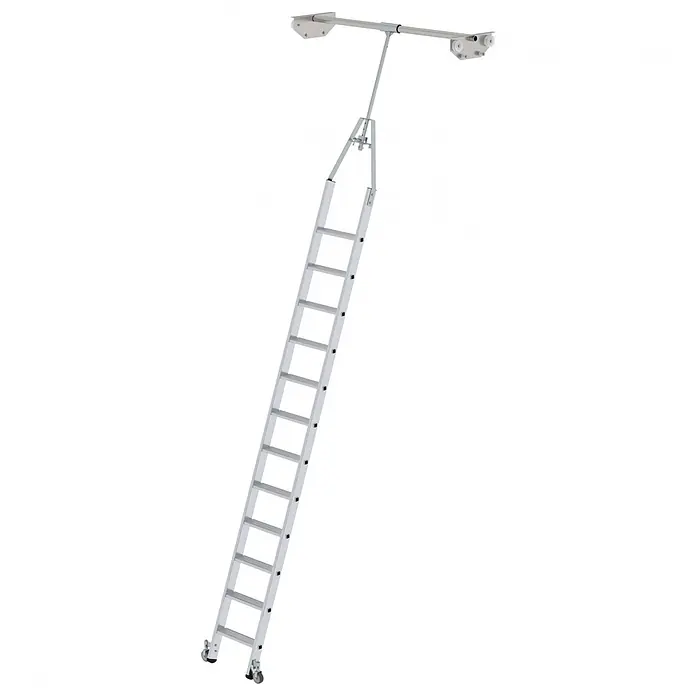 Munk Mehrzweckleiter Aluminium-Regalleiter für Doppelregal drehbar 12 Stufen - Anzahl Tritte: 12 Stk., Arbeitshöhe: 4.850 m, Aluminium - Silberne Aluminium-Dachbodenleiter mit Rollen für den Dachbodenzugang, an Deckenbalken montiert.