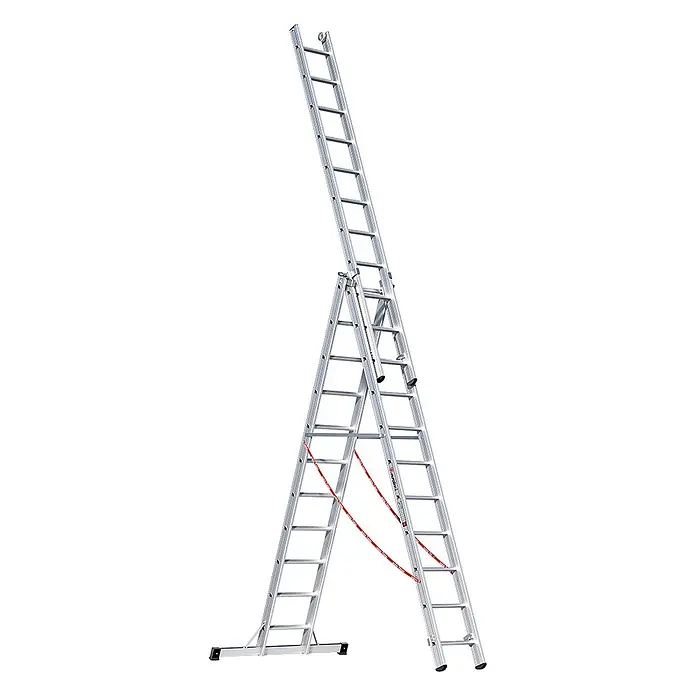 Euroline Mehrzweckleiter Premium 307 Mehrzweckleiter 3x11 Sprossen - Anzahl Tritte: 11 Stk., Arbeitshöhe: 8.950 m - Vielseitige 3-teilige Aluminiumleiter als Stehleiter mit ausgefahrenem Oberteil, mit roten Sicherheitsgurten.