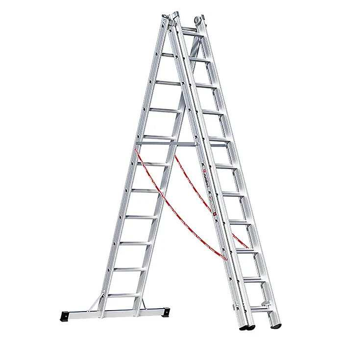 Euroline Mehrzweckleiter Premium 307 Mehrzweckleiter 3x11 Sprossen - Anzahl Tritte: 11 Stk., Arbeitshöhe: 8.950 m - Silberne Aluminium-Mehrzweckleiter mit roten Sicherungsbändern, als Stehleiter für vielseitigen Einsatz.