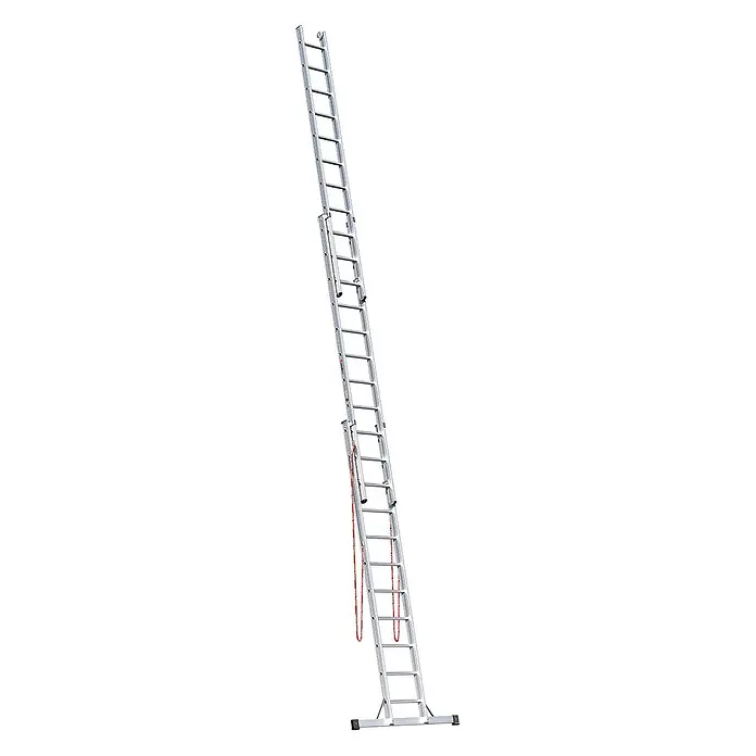 Euroline Mehrzweckleiter Premium 307 Mehrzweckleiter 3x11 Sprossen - Anzahl Tritte: 11 Stk., Arbeitshöhe: 8.950 m - Silberne Aluminium-Ausziehleiter mit Stabilisatorstange und rotem Seilmechanismus.