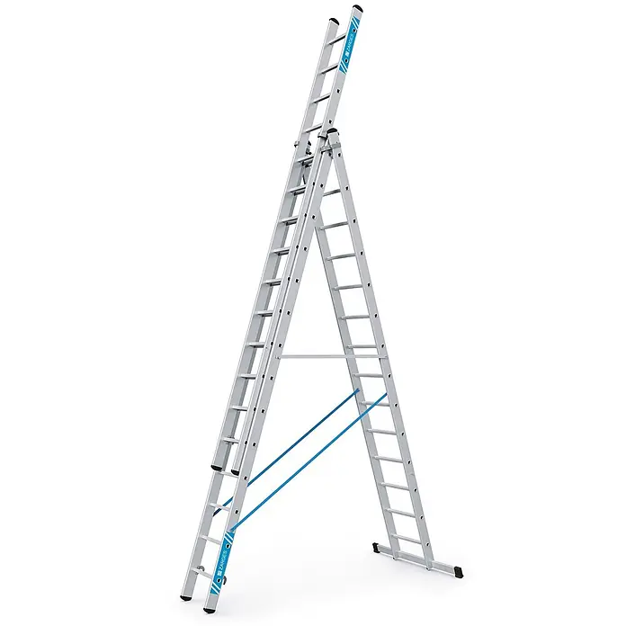 Zarges Mehrzweckleiter Skymaster X Mehrzweckleiter 3x14 Sprossen - Anzahl Tritte: 14 Stk., Arbeitshöhe: 10.350 m, Aluminium - Silberne ausziehbare Mehrzweckleiter in A-Stellung mit blauen Stabilisierungsseilen.