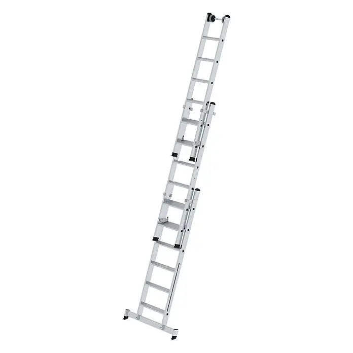 Munk Mehrzweckleiter Stufen- Mehrzweckleiter mit Wandlaufrollen und Nivello® Traverse 3x6 Stufe - Anzahl Tritte: 6 Stk., Arbeitshöhe: 5.200 m, Aluminium - Silberne ausziehbare Aluminiumleiter mit schwarzen Schutzkappen und Stabilisierungsstange am Fuß.