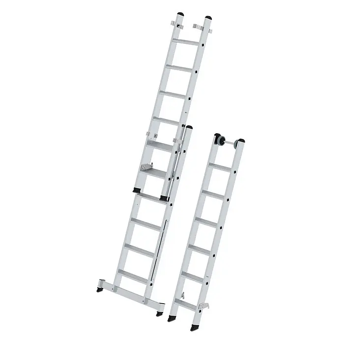 Munk Mehrzweckleiter Stufen- Mehrzweckleiter mit Wandlaufrollen und Nivello® Traverse 3x6 Stufe - Anzahl Tritte: 6 Stk., Arbeitshöhe: 5.200 m, Aluminium - Zwei silberne Aluminium-Anlegeleitern, eine mit Stabilisator, eine mit Transporträdern.