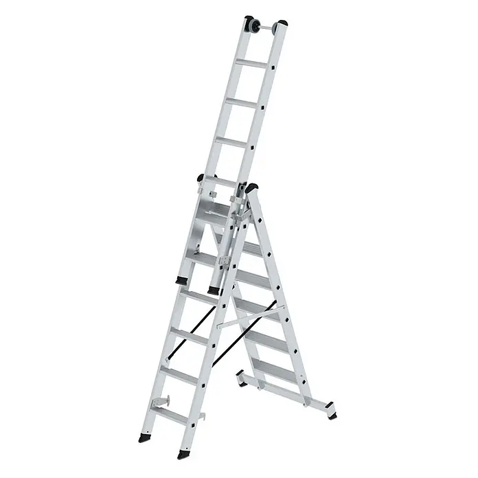 Munk Mehrzweckleiter Stufen- Mehrzweckleiter mit Wandlaufrollen und Nivello® Traverse 3x6 Stufe - Anzahl Tritte: 6 Stk., Arbeitshöhe: 5.200 m, Aluminium - Mehrzweckleiter aus silbernem Aluminium in A-Form mit ausgefahrenem Segment und Rollen oben.