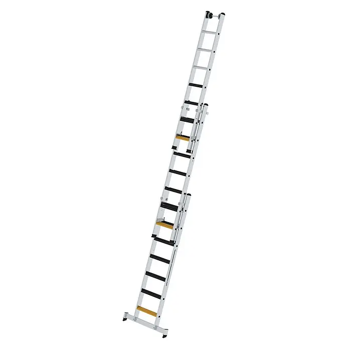 Munk Mehrzweckleiter Stufen- Mehrzweckleiter mit Wandlaufrollen, clipstep R13 und Nivello® Trav - Anzahl Tritte: 7 Stk., Arbeitshöhe: 6.100 m, Aluminium - Silberne Aluminium-Ausziehleiter mit schwarzen und gelben Stufen, oben mit Rollen und unten mit Stabilisatorfüßen.