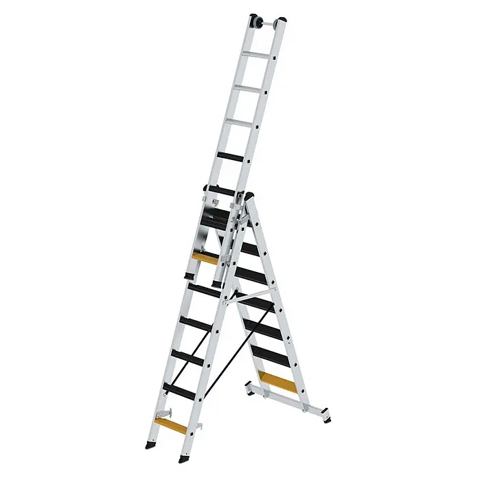 Munk Mehrzweckleiter Stufen- Mehrzweckleiter mit Wandlaufrollen, clipstep R13 und Nivello® Trav - Anzahl Tritte: 7 Stk., Arbeitshöhe: 6.100 m, Aluminium - Silberne Aluminium-Mehrzweckleiter mit schwarzen Sprossen und gelben Akzenten, als Stehleiter mit ausgefahrenem Oberteil.