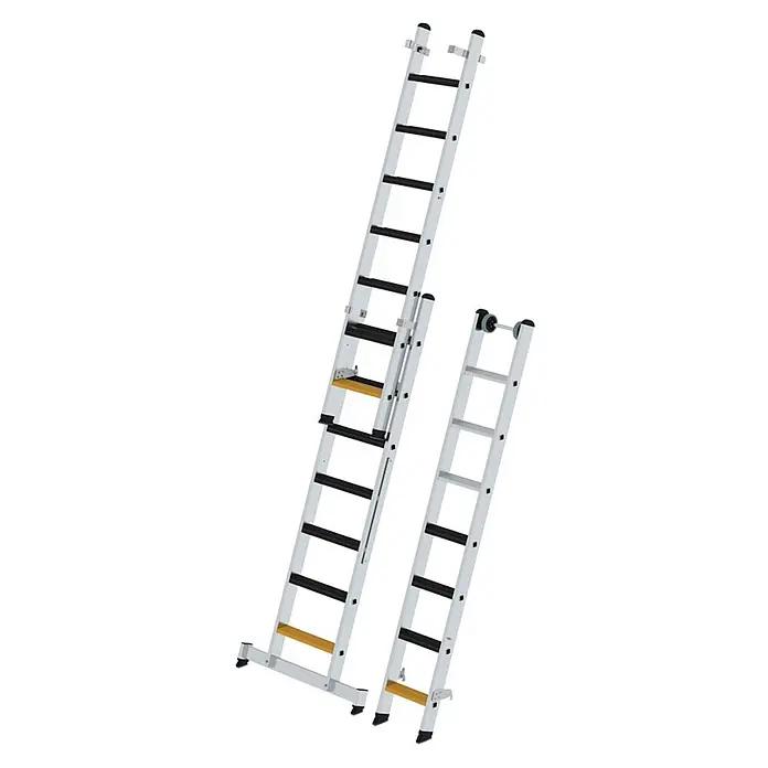 Munk Mehrzweckleiter Stufen- Mehrzweckleiter mit Wandlaufrollen, clipstep R13 und Nivello® Trav - Anzahl Tritte: 7 Stk., Arbeitshöhe: 6.100 m, Aluminium - Zwei silberne Aluminium-Ausziehleitern mit schwarzen Sprossen und gelben Stufen. Eine Leiter ist voll ausgezogen mit einer Querstrebe, die andere ist kürzer.