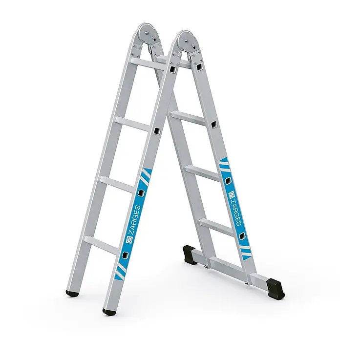 Zarges Mehrzweckleiter Mehrzweck-Klappleiter Combimaster X 2-teilig 2x4 Sprossen - Anzahl Tritte: 4 Stk., Arbeitshöhe: 3.350 m, Aluminium - Silberne Aluminium-Gelenkleiter mit blauer Zarges-Markierung, als Stehleiter mit Gummifüßen dargestellt.