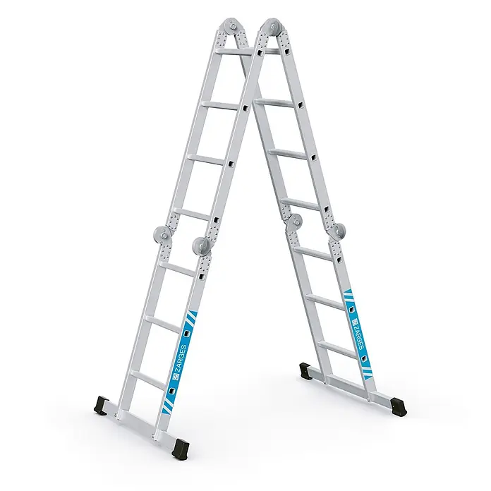 Zarges Mehrzweckleiter Vielzweckleiter Multimax M 2x3+2x4 Sprossen - Anzahl Tritte: 4 Stk., Arbeitshöhe: 4.950 m, Aluminium - Silberne Aluminium-Mehrzweck-Klappleiter in A-Form-Konfiguration.