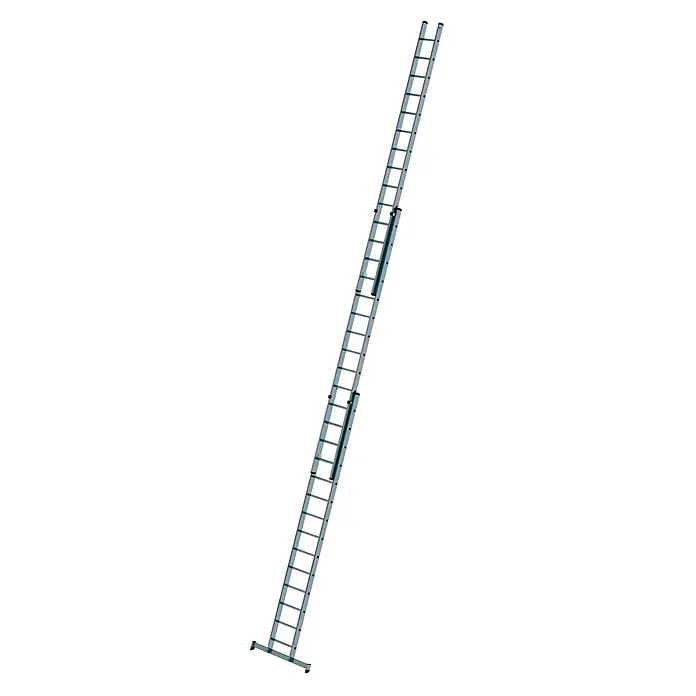 Munk Mehrzweckleiter Schiebeleiter mit nivello-Traverse 3x14 Sprossen - Anzahl Tritte: 14 Stk., Arbeitshöhe: 10.800 m, Aluminium - Lange silberne dreiteilige Ausziehleiter mit breiter Stabilisatorstange am Fuß.