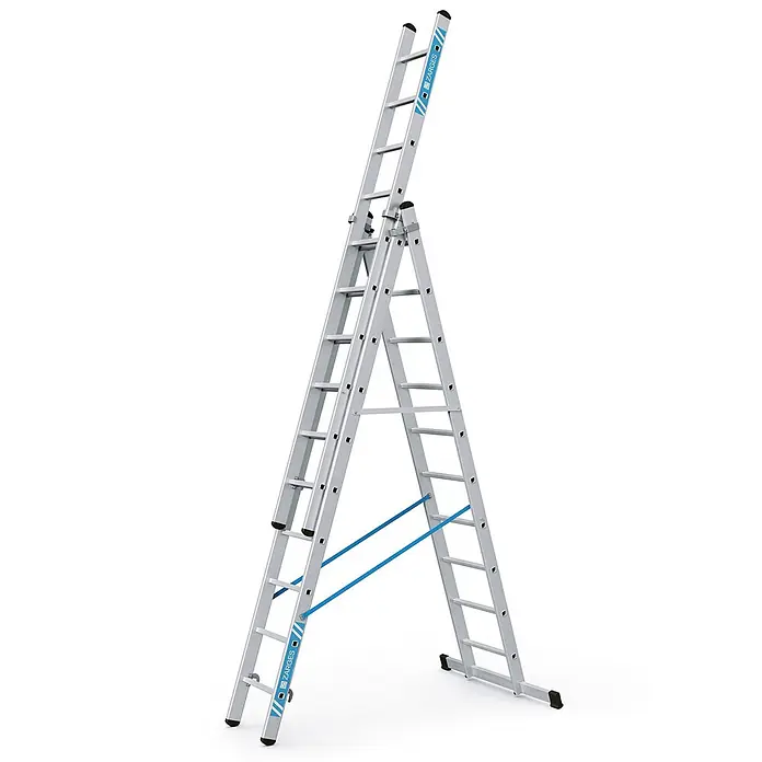 Zarges Mehrzweckleiter Skymaster X Mehrzweckleiter 3x10 Sprossen - Anzahl Tritte: 10 Stk., Arbeitshöhe: 7.650 m, Aluminium - Silberne Aluminium-Mehrzweckleiter in A-Form mit ausgefahrenem dritten Element, gesichert mit blauen Gurten.