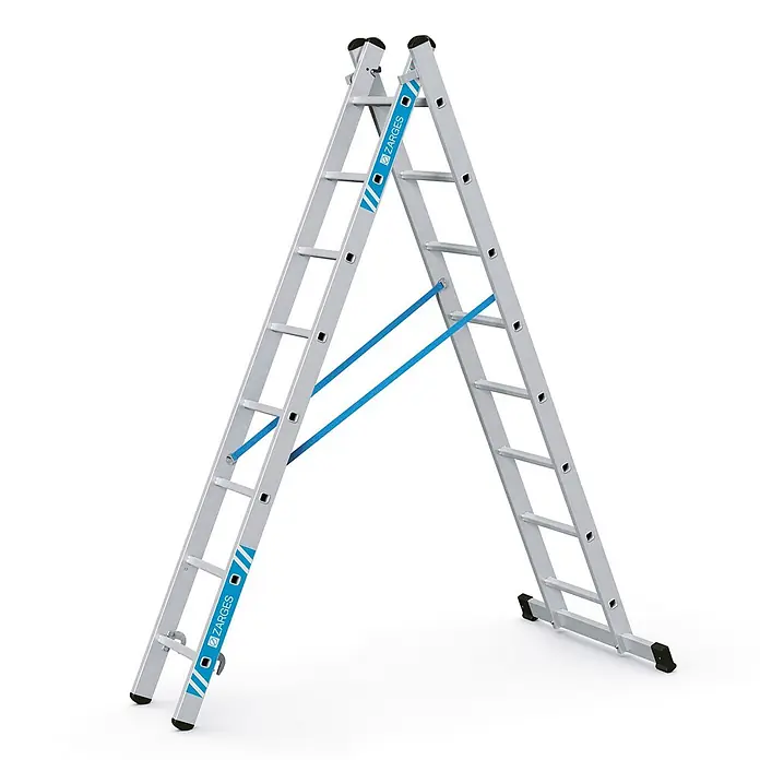 Zarges Mehrzweckleiter Kombileiter Combimaster Plus X 2x8 Sprossen - Anzahl Tritte: 8 Stk., Arbeitshöhe: 4.900 m, Aluminium - Silberne Aluminium-Stehleiter mit blauen Stabilisierungsbändern und schwarzen Füßen.