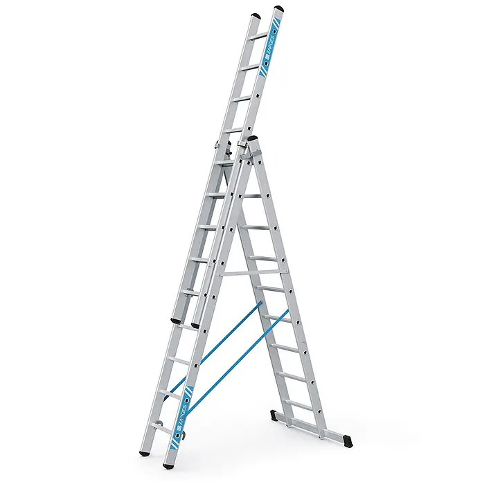 Zarges Mehrzweckleiter Skymaster X Mehrzweckleiter 3x9 Sprossen - Anzahl Tritte: 9 Stk., Arbeitshöhe: 7.450 m, Aluminium - Silberne Aluminium-Mehrzweckleiter als Stehleiter mit ausgefahrenem dritten Element, mit blauen Gurten gesichert.