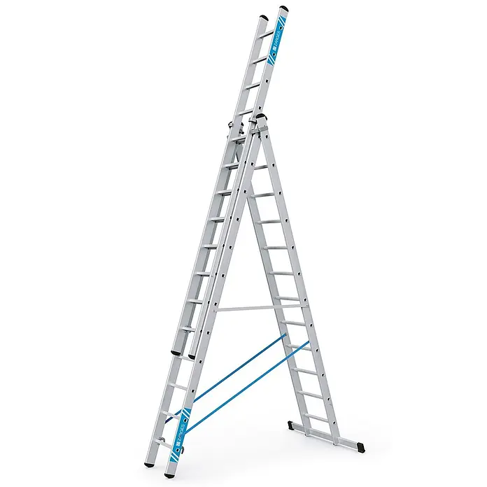 Zarges Mehrzweckleiter Skymaster X Mehrzweckleiter 3x12 Sprossen - Anzahl Tritte: 12 Stk., Arbeitshöhe: 9.250 m, Aluminium - Ausziehbare silberne Aluminium-Mehrzweckleiter in A-Form, mit blauen Akzenten und Stabilisierungsbändern.