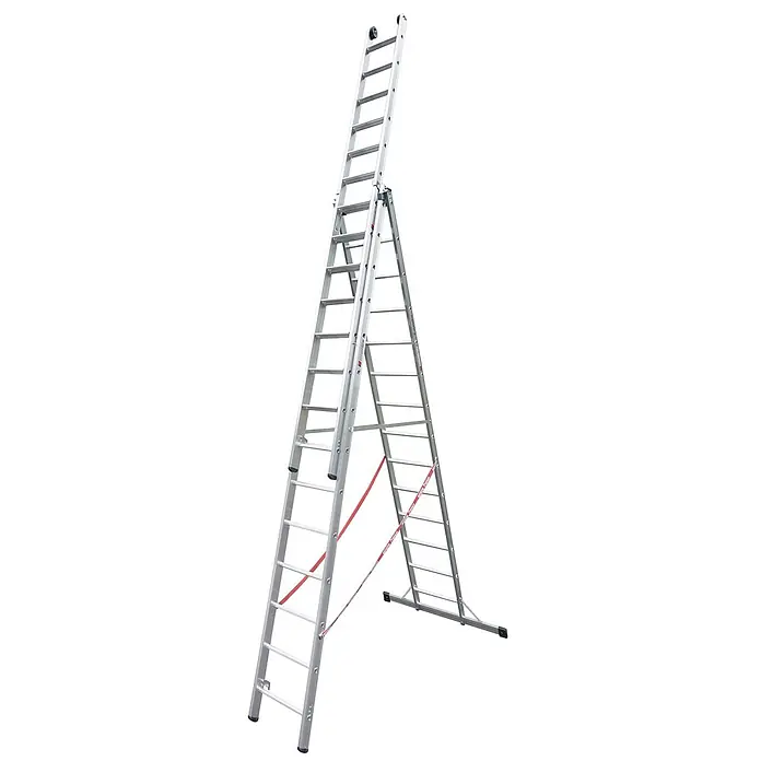 Euroline Mehrzweckleiter Premium 30777 Stufen Mehrzweckleiter mit Wandlaufrollen 3-teilig 3x14 Stufe - Anzahl Tritte: 14 Stk., Arbeitshöhe: 10.700 m, Belastbarkeit: 150 kg, Aluminium - Silberne Aluminium Mehrzweckleiter im A-Form mit ausgefahrener Teleskopsektion, mit Rollen und rotem Sicherheitsgurt.
