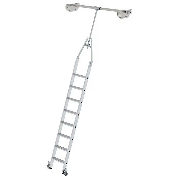Munk Mehrzweckleiter Aluminium-Regalleiter für Doppelregal drehbar 8 Stufen - Anzahl Tritte: 8 Stk., Arbeitshöhe: 3.910 m, Aluminium - Silberne Aluminium-Dachbodenleiter mit Schienensystem und Rollen, für Dachboden-Zugang.