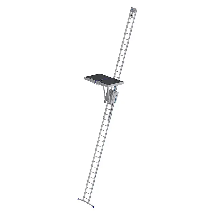 Mauderer Mehrzweckleiter Bavaria Leiterlift bis max. Förderhöhe 8,60m 2x16 Sprossen - Anzahl Tritte: 16 Stk., Belastbarkeit: 100 kg, Aluminium - Silberner Leiterlift mit dunkler Plattform, für schräge Materialtransporte.