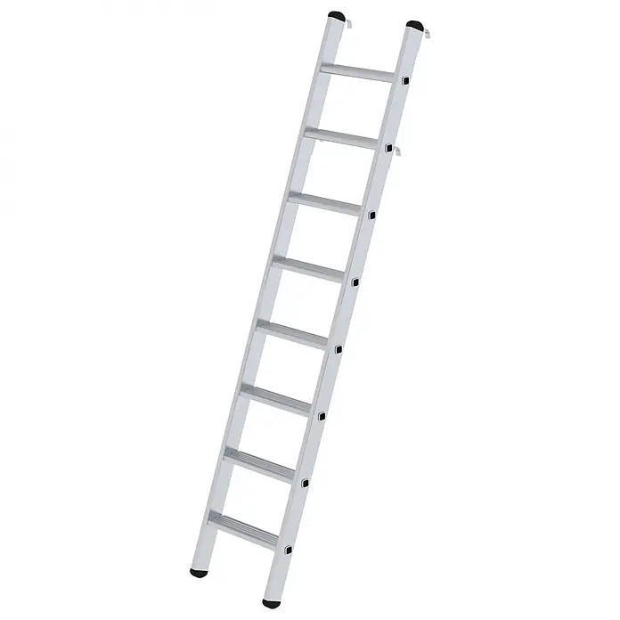 Munk Mehrzweckleiter Aluminium-Regalleiter einhängbar 8 Stufen - Anzahl Tritte: 8 Stk., Arbeitshöhe: 3.300 m, Aluminium - Silberne Aluminium-Anlegeleiter mit schwarzen Antirutschkappen oben und unten sowie kleinen schwarzen Befestigungen an den Holmen.