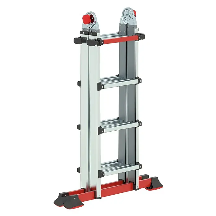 Altrex Mehrzweckleiter Varitrex Tele Pro Vielzweckleiter 4x4 Sprossen - Arbeitshöhe: 4.900 m - Klappbare Aluminium-Mehrzweckleiter mit roten Gelenkmechanismen und stabilisierenden Füßen.