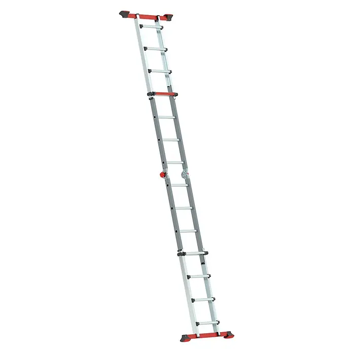 Altrex Mehrzweckleiter Varitrex Tele Pro Vielzweckleiter 4x4 Sprossen - Arbeitshöhe: 4.900 m - Silberne Aluminium-Gelenkleiter mit rotem Sicherheitsbügel, roten Füßen und roten Verriegelungen.