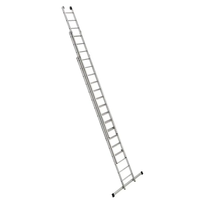 Euroline Mehrzweckleiter Premium 303 Schiebeleiter 3x16 Sprossen - Anzahl Tritte: 16 Stk., Arbeitshöhe: 12.600 m, Aluminium - Silberne Aluminium-Ausziehleiter mit breiter Stabilisatorstange am Fuß.