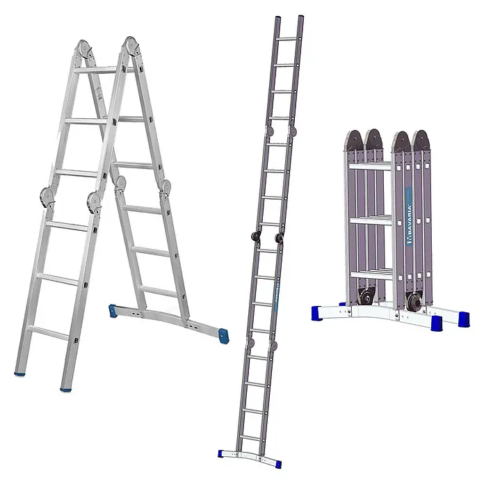 Mauderer Mehrzweckleiter Bavaria Sechsgelenkleiter mit Rastgelenk und gebogener Traverse 981-6 Koffe - Anzahl Tritte: 5 Stk., Arbeitshöhe: 6.600 m, Belastbarkeit: 150 kg, Aluminium - Vielseitige silberne Aluminium-Mehrzweckleiter in A-Form, ausgezogener und gefalteter Konfiguration mit blauen Füßen/Rollen.