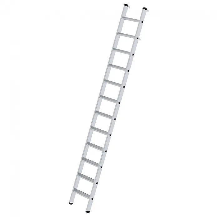 Munk Mehrzweckleiter Aluminium-Regalleiter einhängbar 12 Stufen - Anzahl Tritte: 12 Stk., Arbeitshöhe: 4.300 m, Aluminium - Aluminium-Anlegeleiter in Silber mit schwarzen Anti-Rutsch-Füßen.