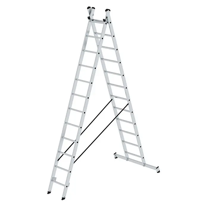 Munk Mehrzweckleiter Mehrzweckleiter 2-teilig 2x12 Sprossen - Anzahl Tritte: 12 Stk., Arbeitshöhe: 7.200 m, Aluminium - Silberfarbene Aluminium-Mehrzweckleiter im A-Aufbau mit schwarzen Sicherheitsgurten.