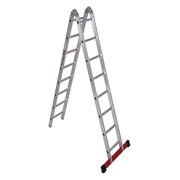 Euroline Mehrzweckleiter Premium 317 Klappleiter 2x8 Sprossen - Anzahl Tritte: 8 Stk., Arbeitshöhe: 5.400 m, Aluminium - Silberne Aluminium-Mehrzweckleiter in A-Form mit rotem Querbalken am Fuß.