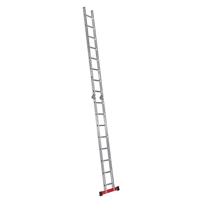 Euroline Mehrzweckleiter Premium 317 Klappleiter 2x8 Sprossen - Anzahl Tritte: 8 Stk., Arbeitshöhe: 5.400 m, Aluminium - Silberne Aluminium-Ausziehleiter mit rotem Standfuß und schwarzen Füßen, mit grauen Rollen zur einfachen Einstellung.