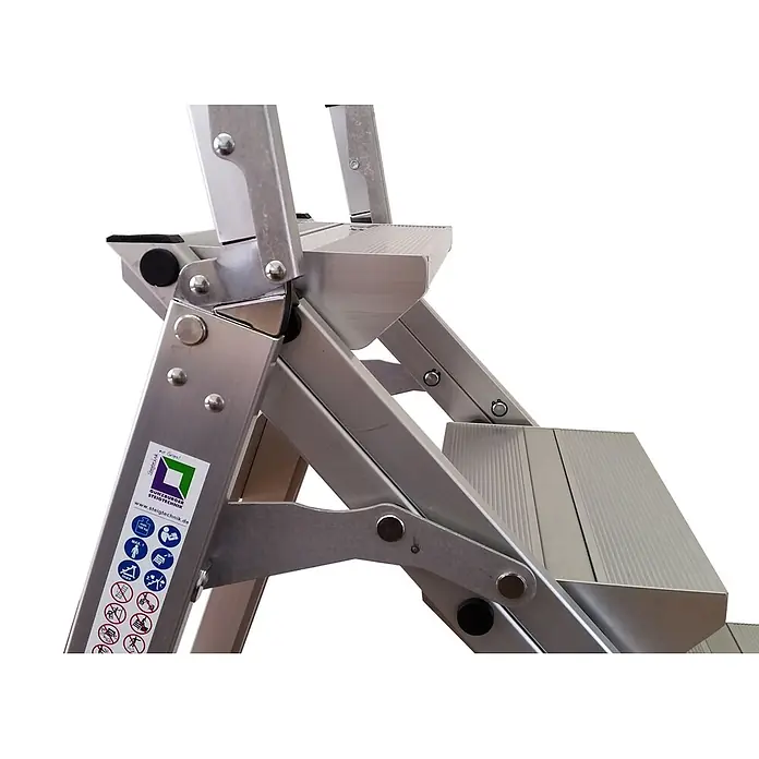 Munk Klapptritt Klapp Treppe, mit klappbarem Bügel 4 Stufen - Anzahl Tritte: 4 Stk., Arbeitshöhe: 2.900 m, Aluminium - Silberne Aluminium-Klappleiter mit Sicherheitshinweisen, Nahaufnahme von Stufen und Gelenken.