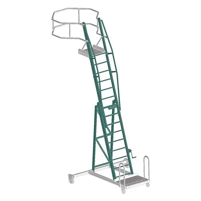 Zarges Mehrzweckleiter Tankwagenleiter Basismodul - Aluminium - Mobile, verstellbare Industrie-Podestleiter mit grünem Gestell, silbernen Geländern und Rollsockel.