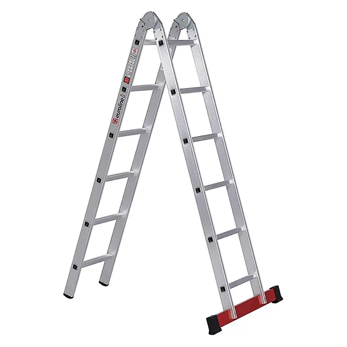 Euroline Mehrzweckleiter Premium 317 Klappleiter 2x6 Sprossen - Anzahl Tritte: 6 Stk., Arbeitshöhe: 4.350 m, Aluminium - Silberne Aluminium-Gelenkleiter mit rotem Stabilisatorbalken, in A-Form aufgestellt.