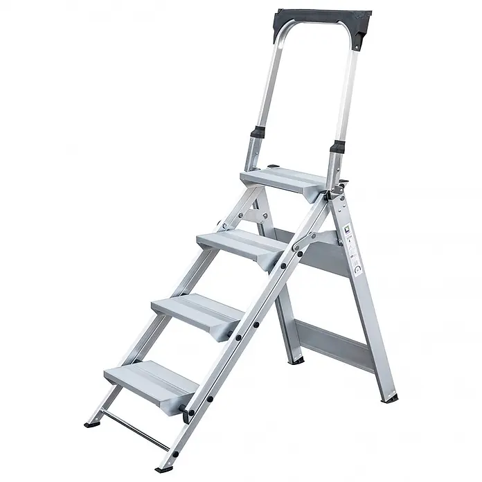 Munk Klapptritt Klapp Treppe, mit klappbarem Bügel 4 Stufen - Anzahl Tritte: 4 Stk., Arbeitshöhe: 2.900 m, Aluminium - Aluminium-3-Stufen-Klappleiter mit schwarzem Handlauf.