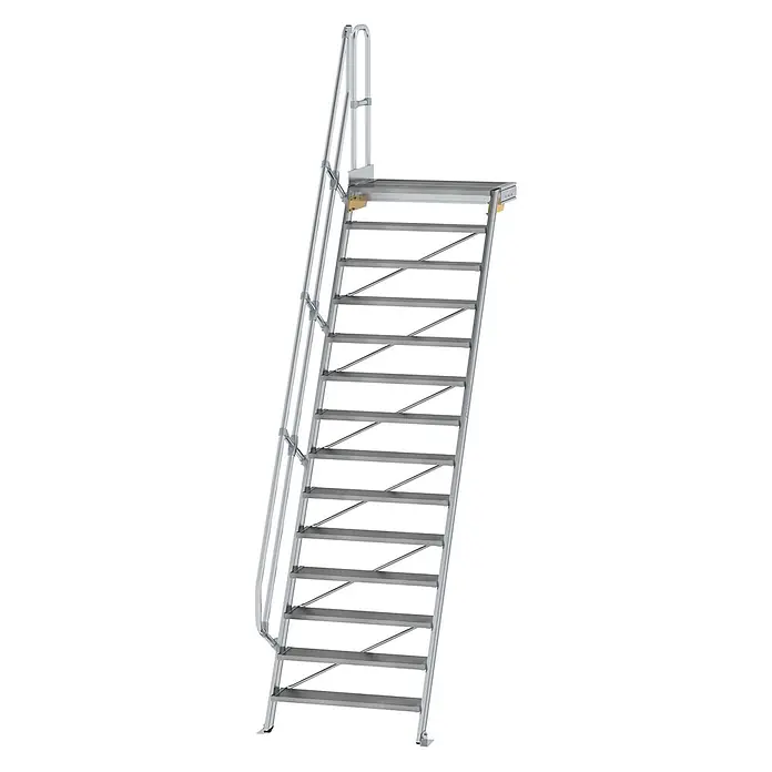 Munk Raumspartreppe Treppe mit Plattform 60° inkl. einen Handlauf, 1000mm Stufenbreite, 14 Stu -  - Silbergraue Aluminium-Zugangstreppe mit Handlauf und kleiner Plattform.