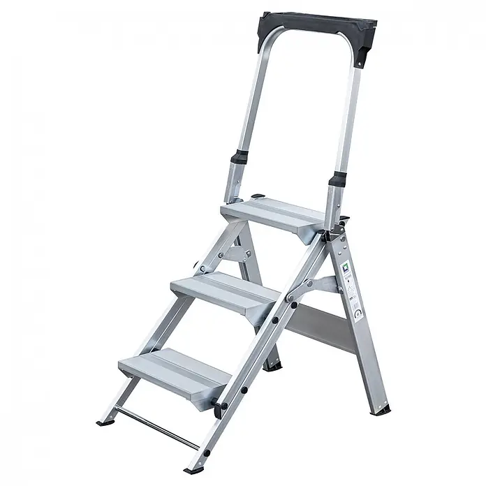 Munk Klapptritt Klapp Treppe, mit klappbarem Bügel 3 Stufen - Anzahl Tritte: 3 Stk., Arbeitshöhe: 2.700 m, Aluminium - Silberne Aluminium-Trittleiter mit 3 Stufen, schwarzem Handlauf und Fußkappen für Stabilität.